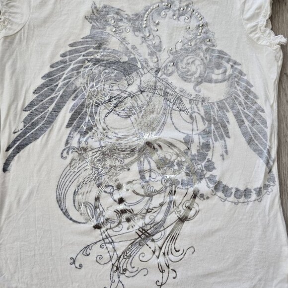 Y2K fairy silver metallic graphic print white tissue t-shirt | WMS M - Picture 4 of 7